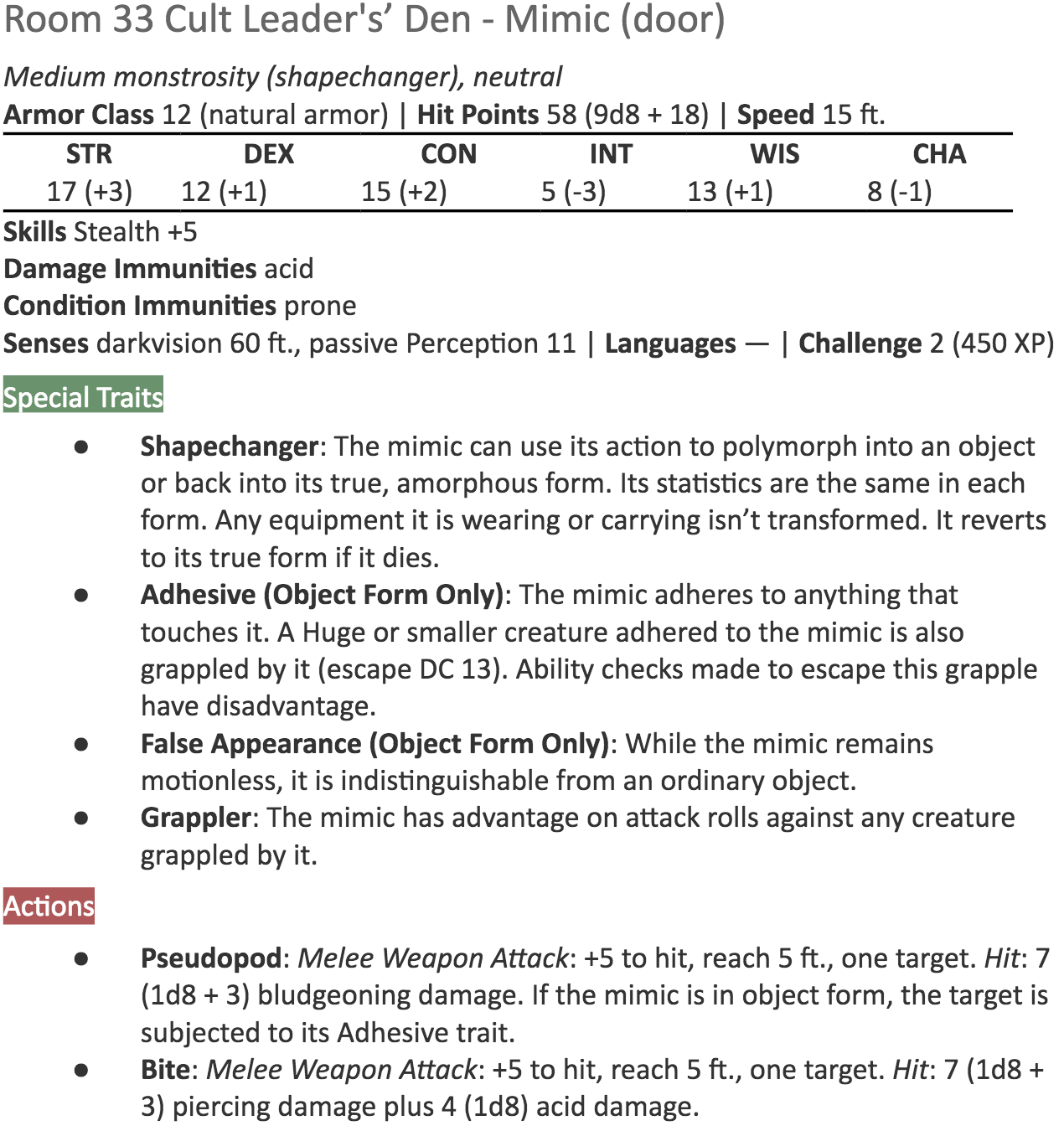 Mimic Dnd 5e Stats